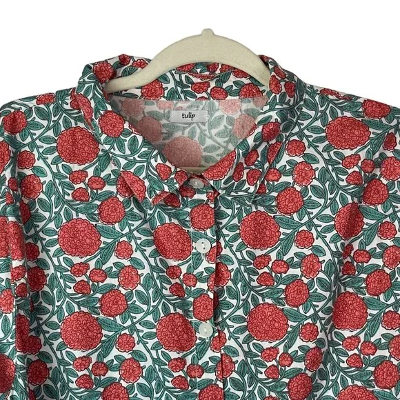 Tulip Top Button Down Floral Tunic 100% Cotton Long Sleeve Size Large Boxy - Picture 3 of 13